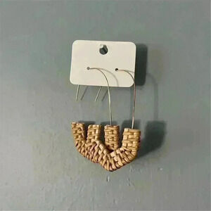 Geometric Beige Rattan Weave Long Hoop Dangle Lightweight Earrings B1G1